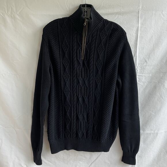 Paul Fredrick mock neck cable knit 3/4 zip pull over sweater, black, size M - Picture 1 of 8